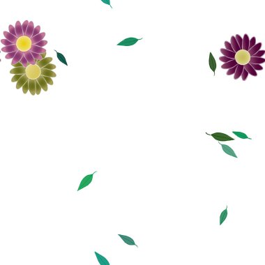 Basit çiçek ve yeşil yapraklı tasarım kompozisyonu, vektör illüstrasyonu