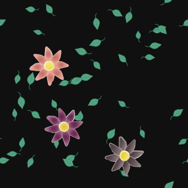 Basit renkli çiçekleri ve arka planda yeşil yaprakları olan güzel kompozisyon, vektör illüstrasyonu