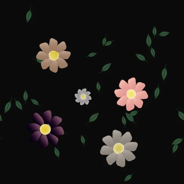 Composição Bonita Com Flores Coloridas Simples Folhas Verdes Fundo Ilustração — Vetor de Stock