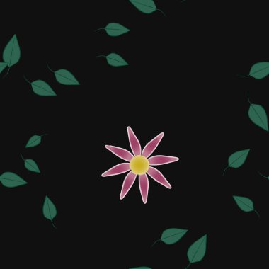 Serbest kompozisyonda yeşil yapraklı basit çiçekler, vektör illüstrasyonu