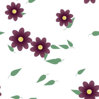 basit renkli çiçekleri olan serbest kompozisyon ve duvar kağıdı için yeşil yapraklar, vektör illüstrasyonu