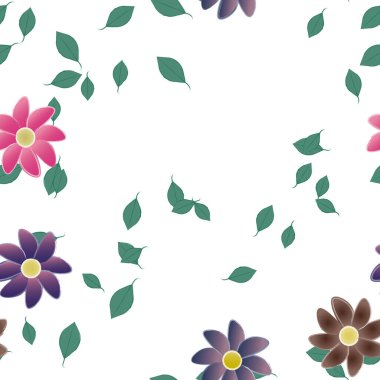basit renkli çiçekleri olan serbest kompozisyon ve duvar kağıdı için yeşil yapraklar, vektör illüstrasyonu