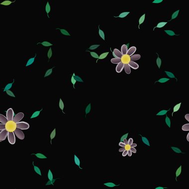 Serbest kompozisyonda yeşil yapraklı basit çiçekler, vektör illüstrasyonu