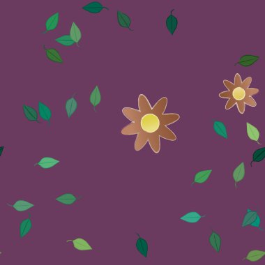 Serbest kompozisyonda yeşil yapraklı basit çiçekler, vektör illüstrasyonu