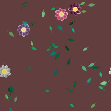 Serbest kompozisyonda yeşil yapraklı basit çiçekler, vektör illüstrasyonu