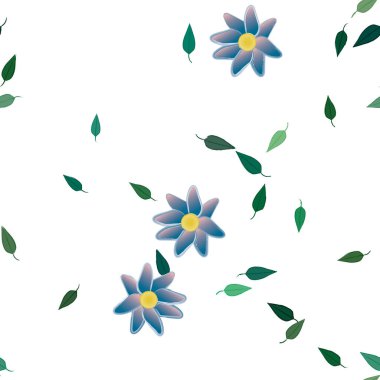 basit renkli çiçekleri olan serbest kompozisyon ve duvar kağıdı için yeşil yapraklar, vektör illüstrasyonu