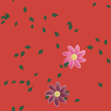 Serbest kompozisyonda yeşil yapraklı basit çiçekler, vektör illüstrasyonu