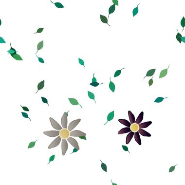 basit renkli çiçekleri olan serbest kompozisyon ve duvar kağıdı için yeşil yapraklar, vektör illüstrasyonu