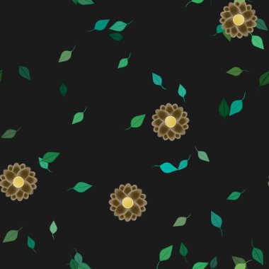 Serbest kompozisyonda yeşil yapraklı basit çiçekler, vektör illüstrasyonu