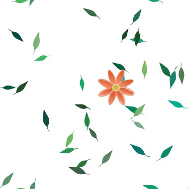 Serbest kompozisyonda yeşil yapraklı basit çiçekler, vektör illüstrasyonu