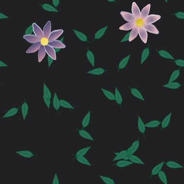 basit renkli çiçekleri olan serbest kompozisyon ve duvar kağıdı için yeşil yapraklar, vektör illüstrasyonu