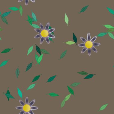 Serbest kompozisyonda yeşil yapraklı basit çiçekler, vektör illüstrasyonu