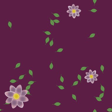 basit renkli çiçekleri olan serbest kompozisyon ve duvar kağıdı için yeşil yapraklar, vektör illüstrasyonu