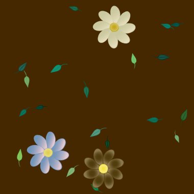 basit renkli çiçekleri olan serbest kompozisyon ve duvar kağıdı için yeşil yapraklar, vektör illüstrasyonu