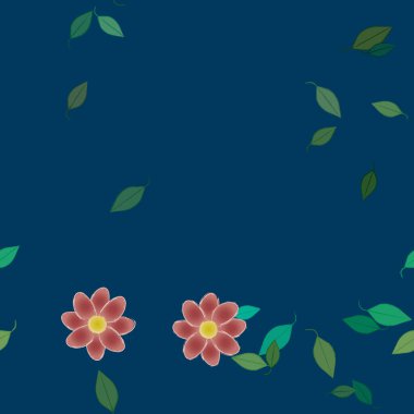 basit renkli çiçekleri olan serbest kompozisyon ve duvar kağıdı için yeşil yapraklar, vektör illüstrasyonu