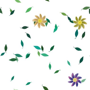 basit renkli çiçekleri olan serbest kompozisyon ve duvar kağıdı için yeşil yapraklar, vektör illüstrasyonu