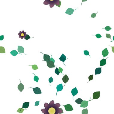 Serbest kompozisyonda yeşil yapraklı basit çiçekler, vektör illüstrasyonu