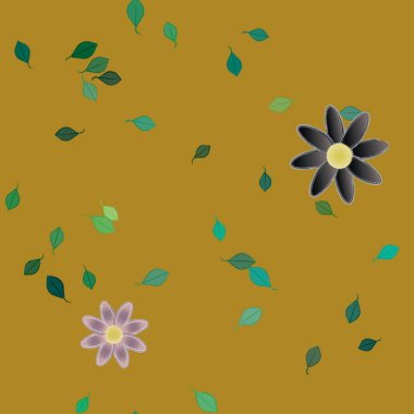 basit renkli çiçekleri olan serbest kompozisyon ve duvar kağıdı için yeşil yapraklar, vektör illüstrasyonu