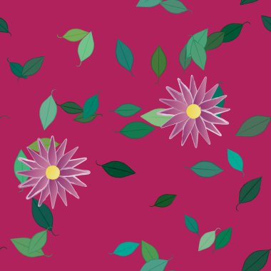 Serbest kompozisyonda yeşil yapraklı basit çiçekler, vektör illüstrasyonu