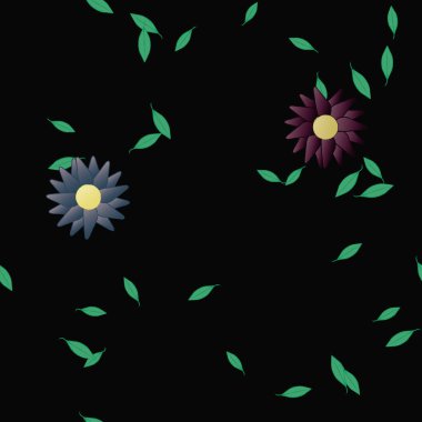 Serbest kompozisyonda yeşil yapraklı basit çiçekler, vektör illüstrasyonu