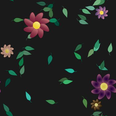 Serbest kompozisyonda yeşil yapraklı basit çiçekler, vektör illüstrasyonu