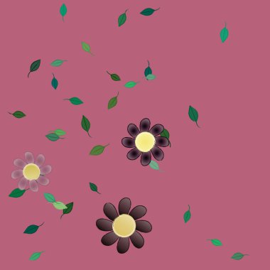 basit renkli çiçekleri olan serbest kompozisyon ve duvar kağıdı için yeşil yapraklar, vektör illüstrasyonu