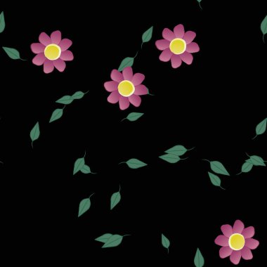 basit renkli çiçekleri olan serbest kompozisyon ve duvar kağıdı için yeşil yapraklar, vektör illüstrasyonu