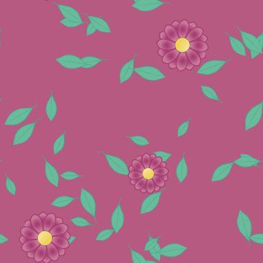 Serbest kompozisyonda yeşil yapraklı basit çiçekler, vektör illüstrasyonu