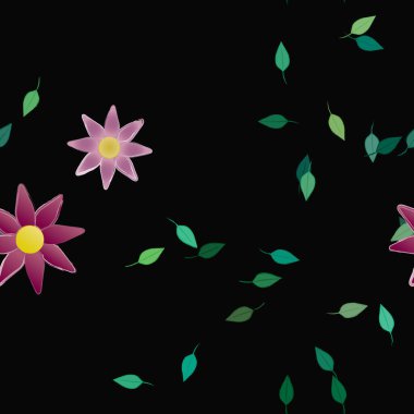 basit renkli çiçekleri olan serbest kompozisyon ve duvar kağıdı için yeşil yapraklar, vektör illüstrasyonu