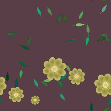 Basit çiçek ve yeşil yapraklı tasarım kompozisyonu, vektör illüstrasyonu