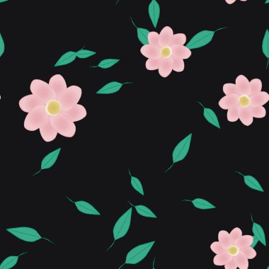 basit renkli çiçekleri olan serbest kompozisyon ve duvar kağıdı için yeşil yapraklar, vektör illüstrasyonu