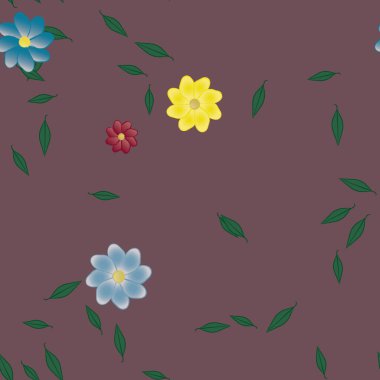 Serbest kompozisyonda yeşil yapraklı basit çiçekler, vektör illüstrasyonu