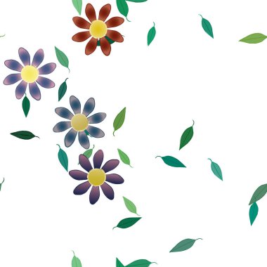 Serbest kompozisyonda yeşil yapraklı basit çiçekler, vektör illüstrasyonu