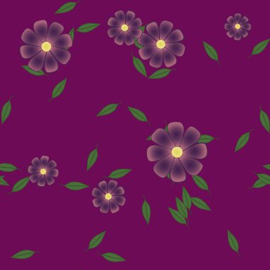 Serbest kompozisyonda yeşil yapraklı basit çiçekler, vektör illüstrasyonu