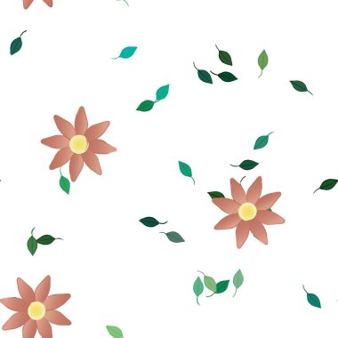 basit renkli çiçekleri olan serbest kompozisyon ve duvar kağıdı için yeşil yapraklar, vektör illüstrasyonu