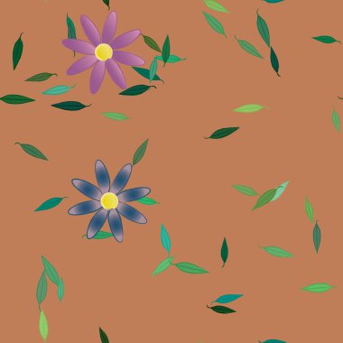 basit renkli çiçekleri olan serbest kompozisyon ve duvar kağıdı için yeşil yapraklar, vektör illüstrasyonu