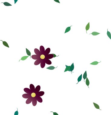 Serbest kompozisyonda yeşil yapraklı basit çiçekler, vektör illüstrasyonu