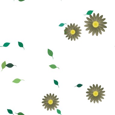 basit renkli çiçekleri olan serbest kompozisyon ve duvar kağıdı için yeşil yapraklar, vektör illüstrasyonu