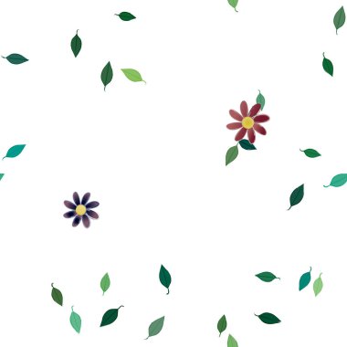 basit renkli çiçekleri olan serbest kompozisyon ve duvar kağıdı için yeşil yapraklar, vektör illüstrasyonu