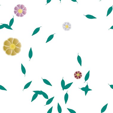 Serbest kompozisyonda yeşil yapraklı basit çiçekler, vektör illüstrasyonu