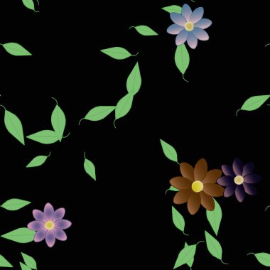 basit renkli çiçekleri olan serbest kompozisyon ve duvar kağıdı için yeşil yapraklar, vektör illüstrasyonu