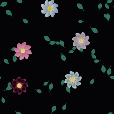 basit renkli çiçekleri olan serbest kompozisyon ve duvar kağıdı için yeşil yapraklar, vektör illüstrasyonu