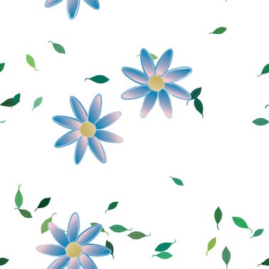 basit renkli çiçekleri olan serbest kompozisyon ve duvar kağıdı için yeşil yapraklar, vektör illüstrasyonu