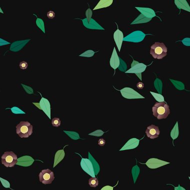 Serbest kompozisyonda yeşil yapraklı basit çiçekler, vektör illüstrasyonu