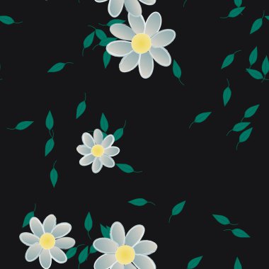 Serbest kompozisyonda yeşil yapraklı basit çiçekler, vektör illüstrasyonu