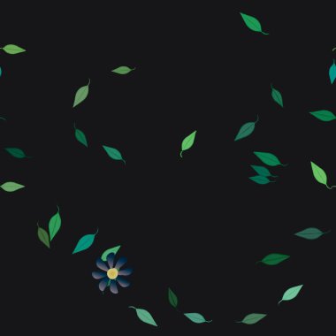 Serbest kompozisyonda yeşil yapraklı basit çiçekler, vektör illüstrasyonu