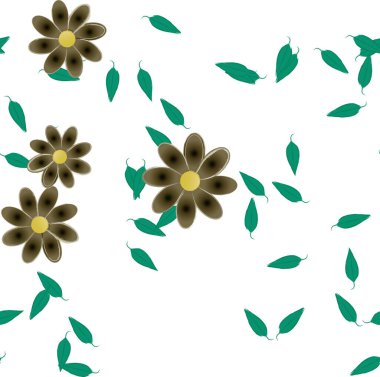 basit renkli çiçekleri olan serbest kompozisyon ve duvar kağıdı için yeşil yapraklar, vektör illüstrasyonu