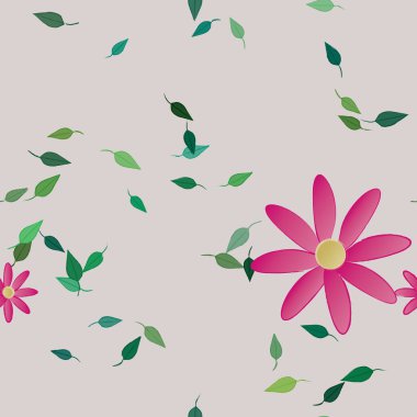 Basit çiçek ve yeşil yapraklı tasarım kompozisyonu, vektör illüstrasyonu