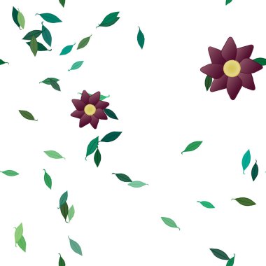 basit renkli çiçekleri olan serbest kompozisyon ve duvar kağıdı için yeşil yapraklar, vektör illüstrasyonu