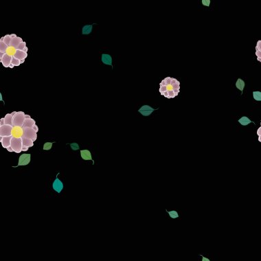 Serbest kompozisyonda yeşil yapraklı basit çiçekler, vektör illüstrasyonu